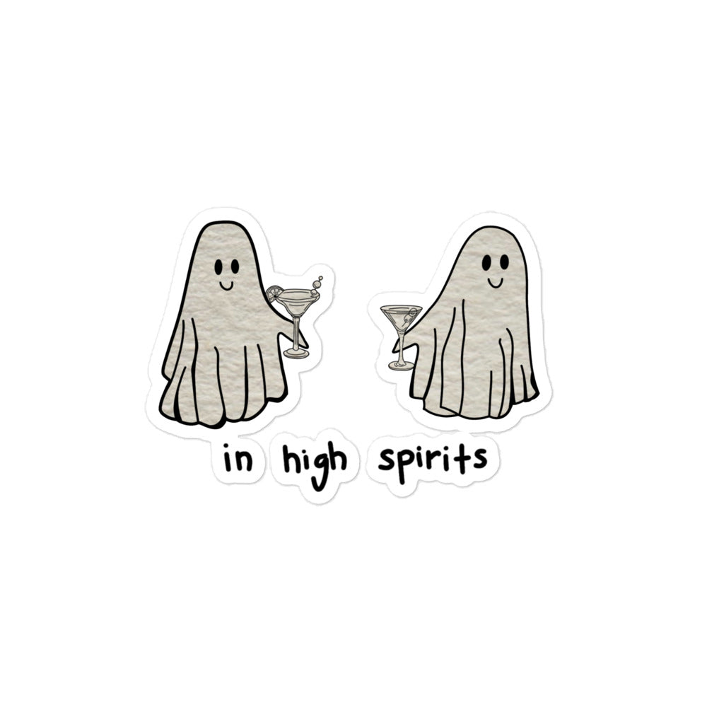 a halloween design of two cute little ghosts sharing a cocktail with an extra added vintage texture look to the design. The design also includes the text "in high spirits"